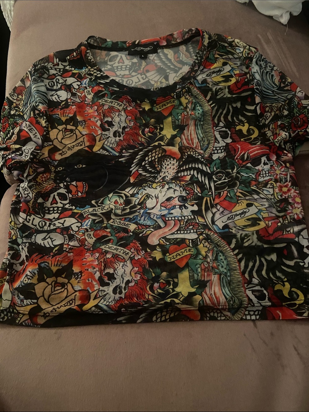 Ed Hardy Multicolor Tattoo-Print sheer crop top sz L fits Small